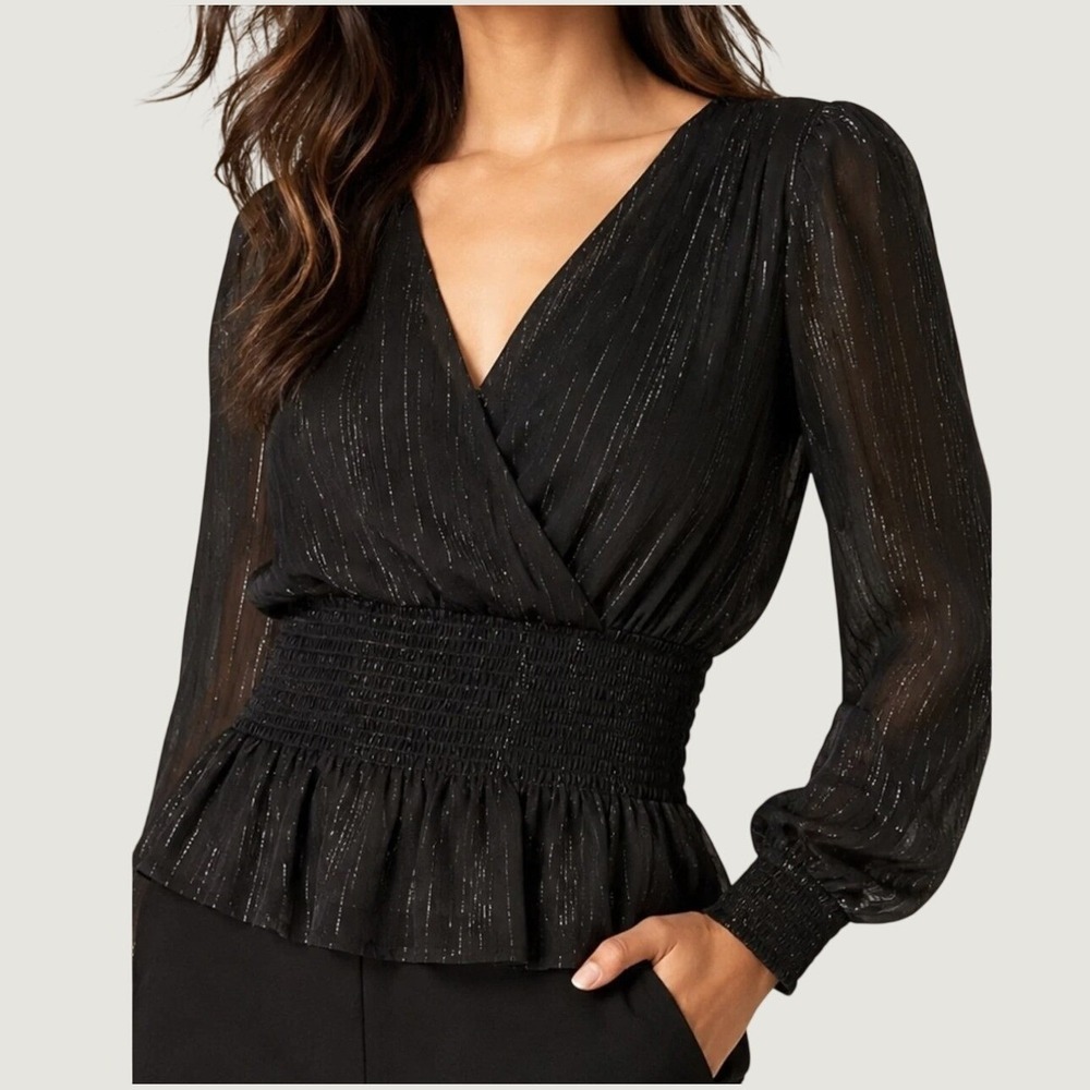 Japna Womens Black Silver Metallic Pinstripe Smocked Waist Peplum Blouse Large
